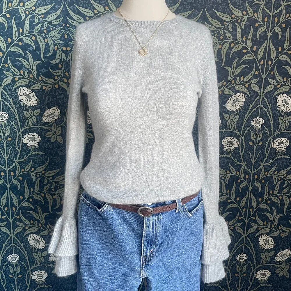 Antonio Melani Light Gray Vera Poet Ruffle Cuff 100% Cashmere Sweater - Picture 1 of 10